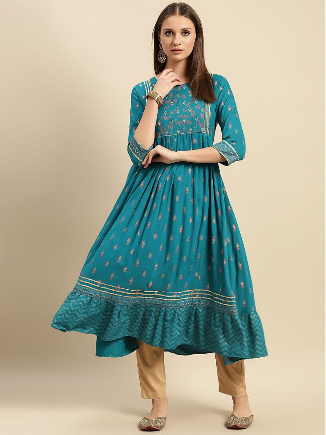 Rangita Turquoise Blue Floral Printed Anarkali Thread Work Kurta