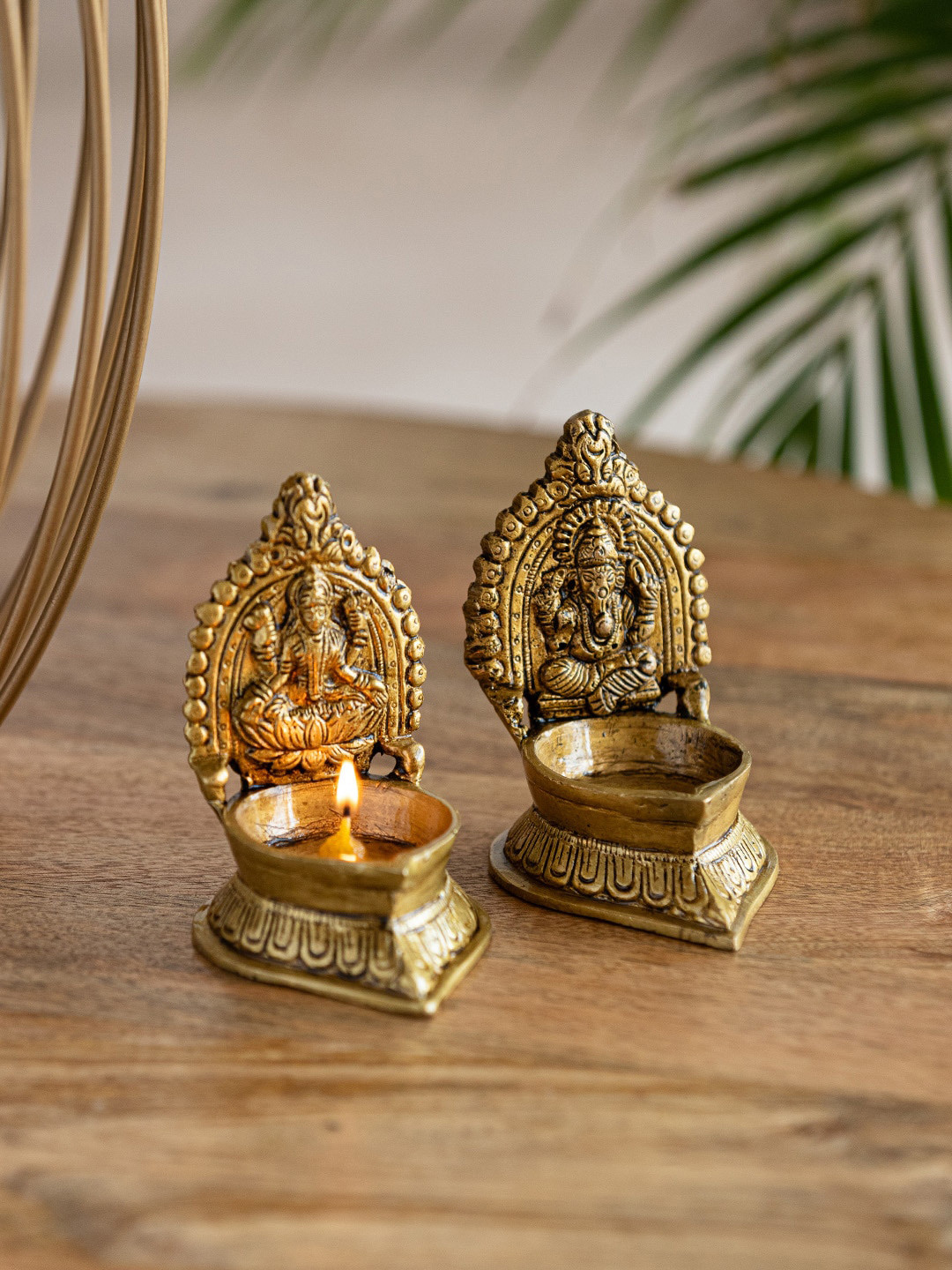 ExclusiveLane The Brass Beams Yellow 2 Pieces Textured Laxmi Ganesha Pair Brass Diyas