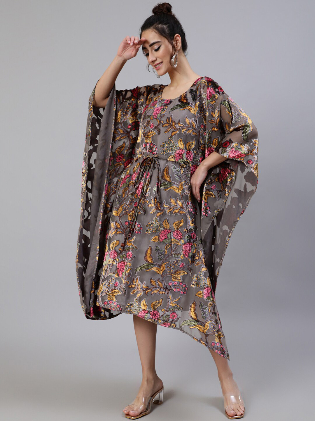 AKS Couture Floral Printed Velvet Kaftan Midi Dress