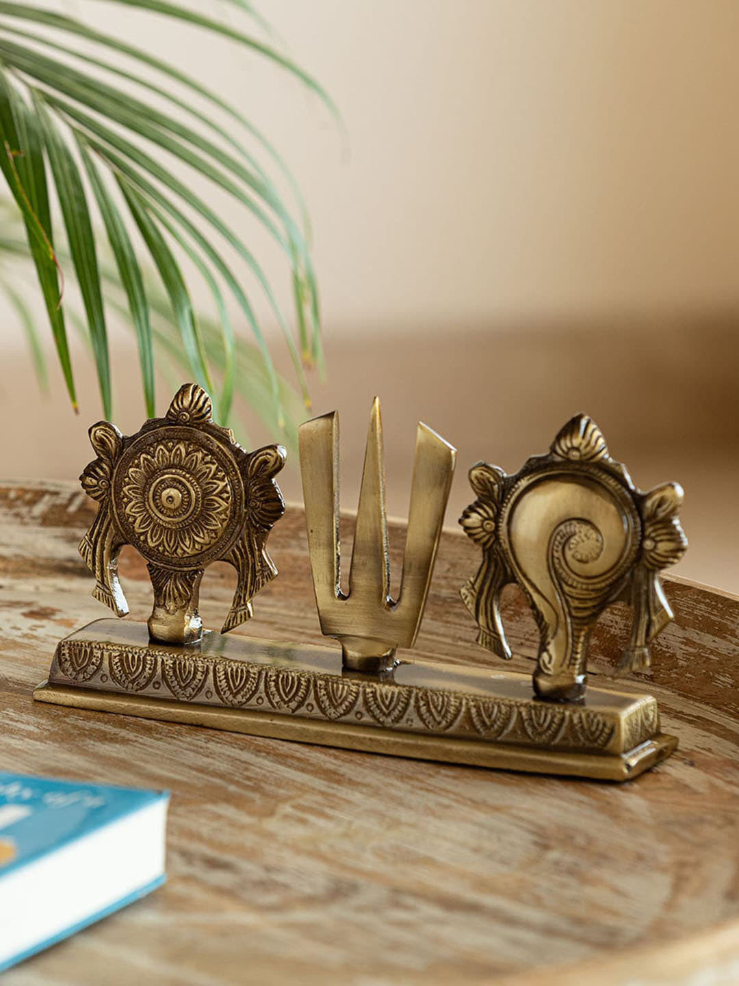 ExclusiveLane Shankh Chakra Namah Gold Brass Metallic Prayer Room Small Showpiece - 5.5 Inches