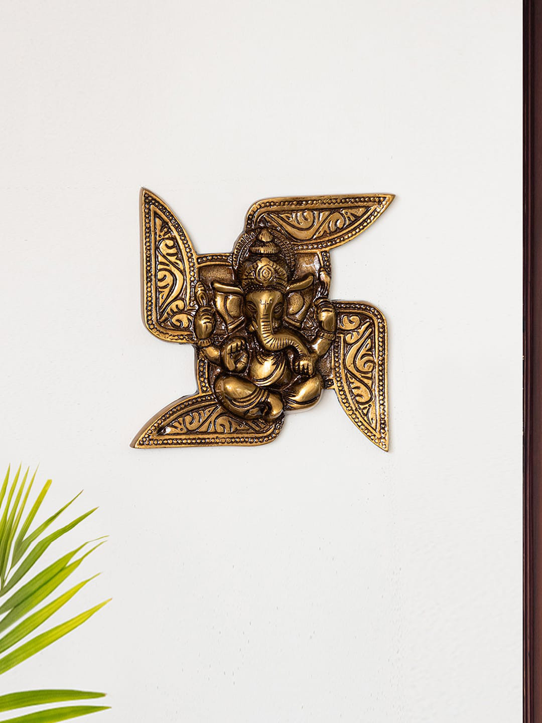 ExclusiveLane Swastik-Ganesha Brass Ethnic Motifs Glossy Hall Spiritual Wall Decor-6.7In