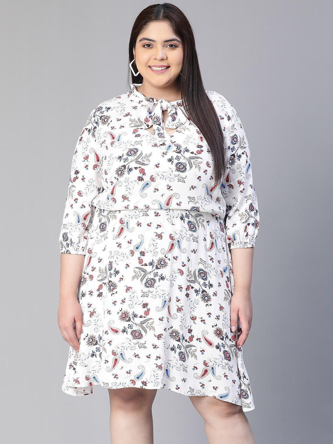 Oxolloxo Plus Size Floral Print Tie-Knot Dress