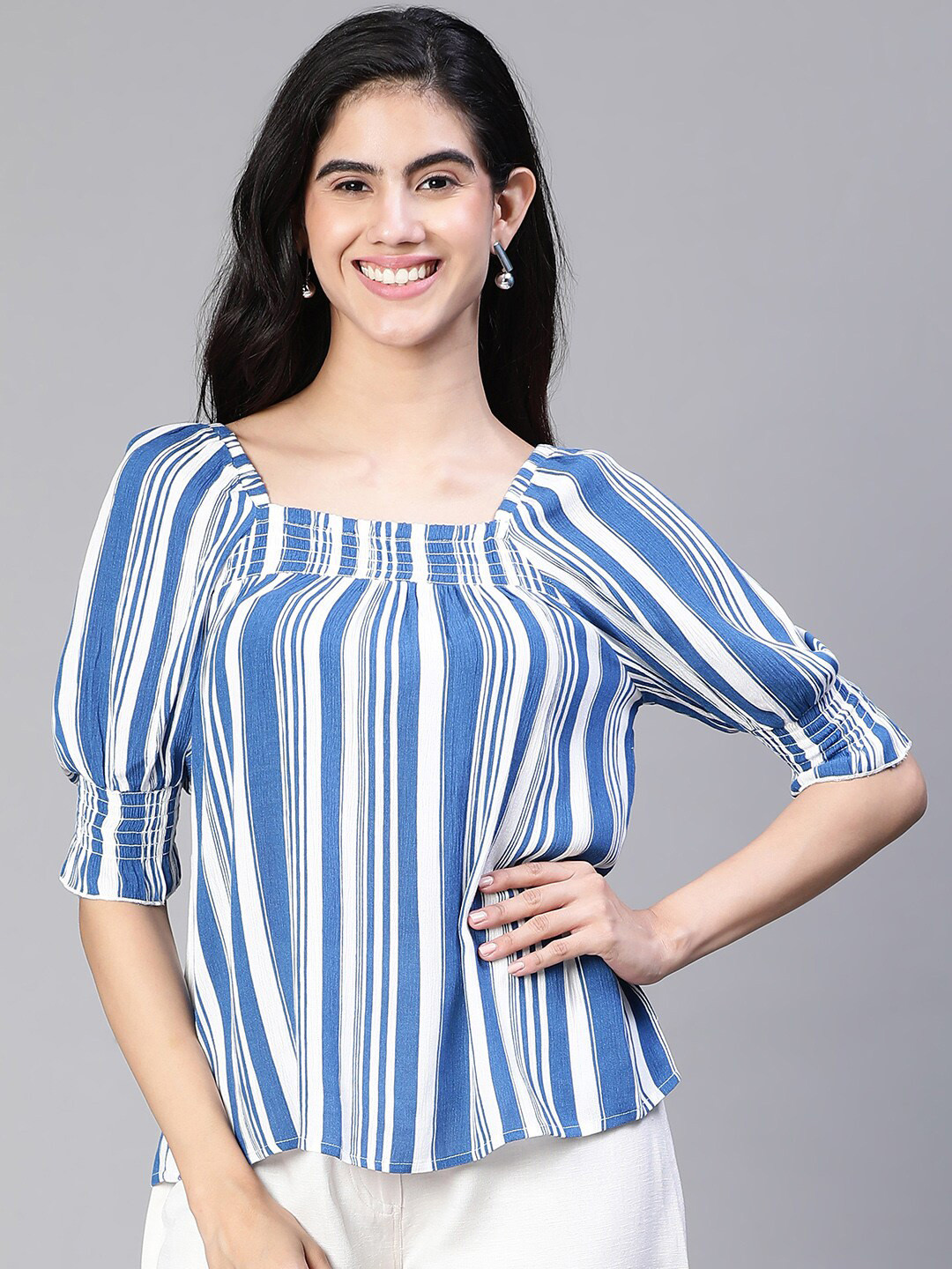 Oxolloxo Striped Print Square Neck Smocked Short Sleeve Top
