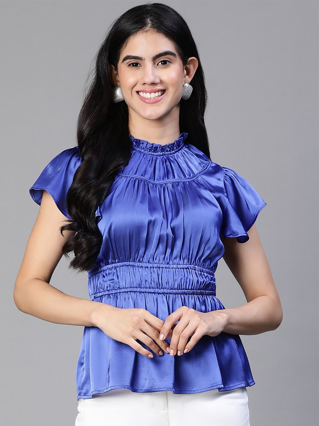 Oxolloxo Round Neck Ruffle Elasticated Satin Party Top