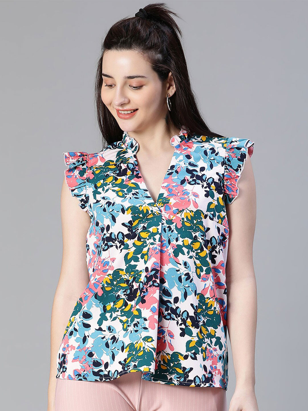 Oxolloxo Floral Print Short Sleeve Ruffle Style Top