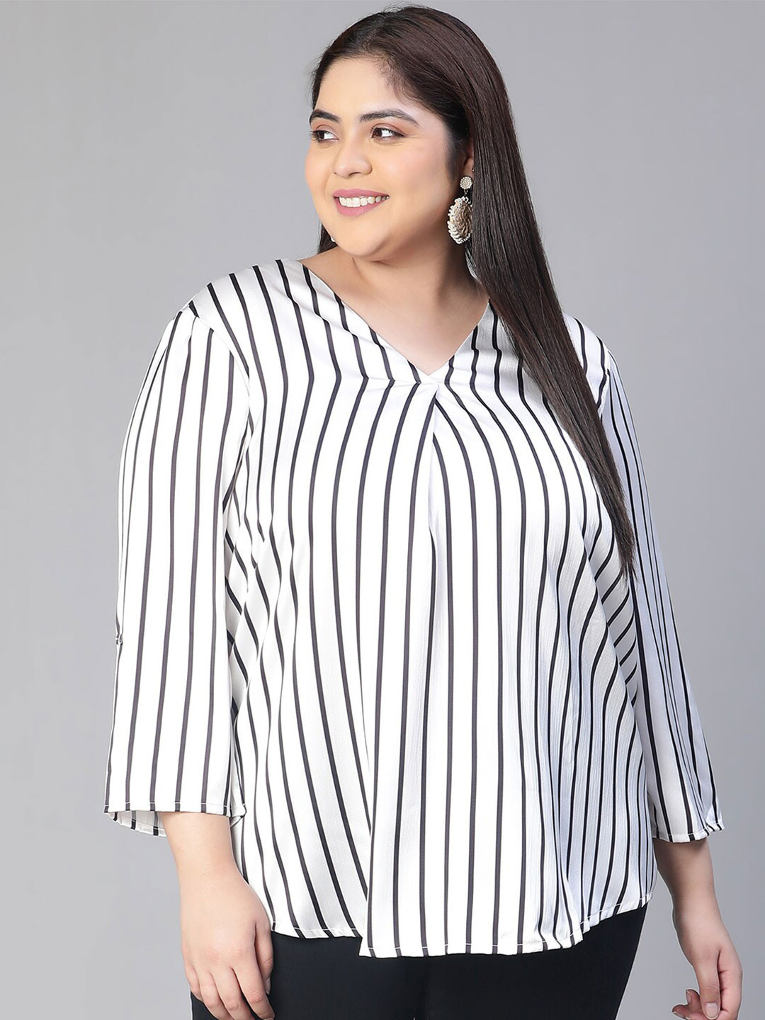 Oxolloxo Plus Size Striped Print V-Neck Long Sleeve A-Line Top