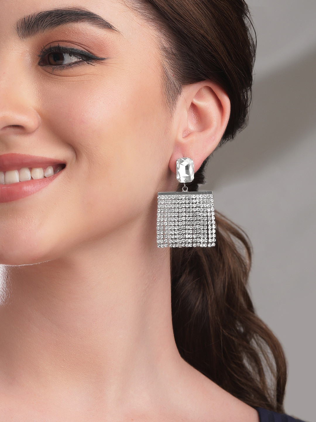 Rubans Voguish Silver Plated Glamorous AD & Zicronia Studded Multilayerd Drop Earrings