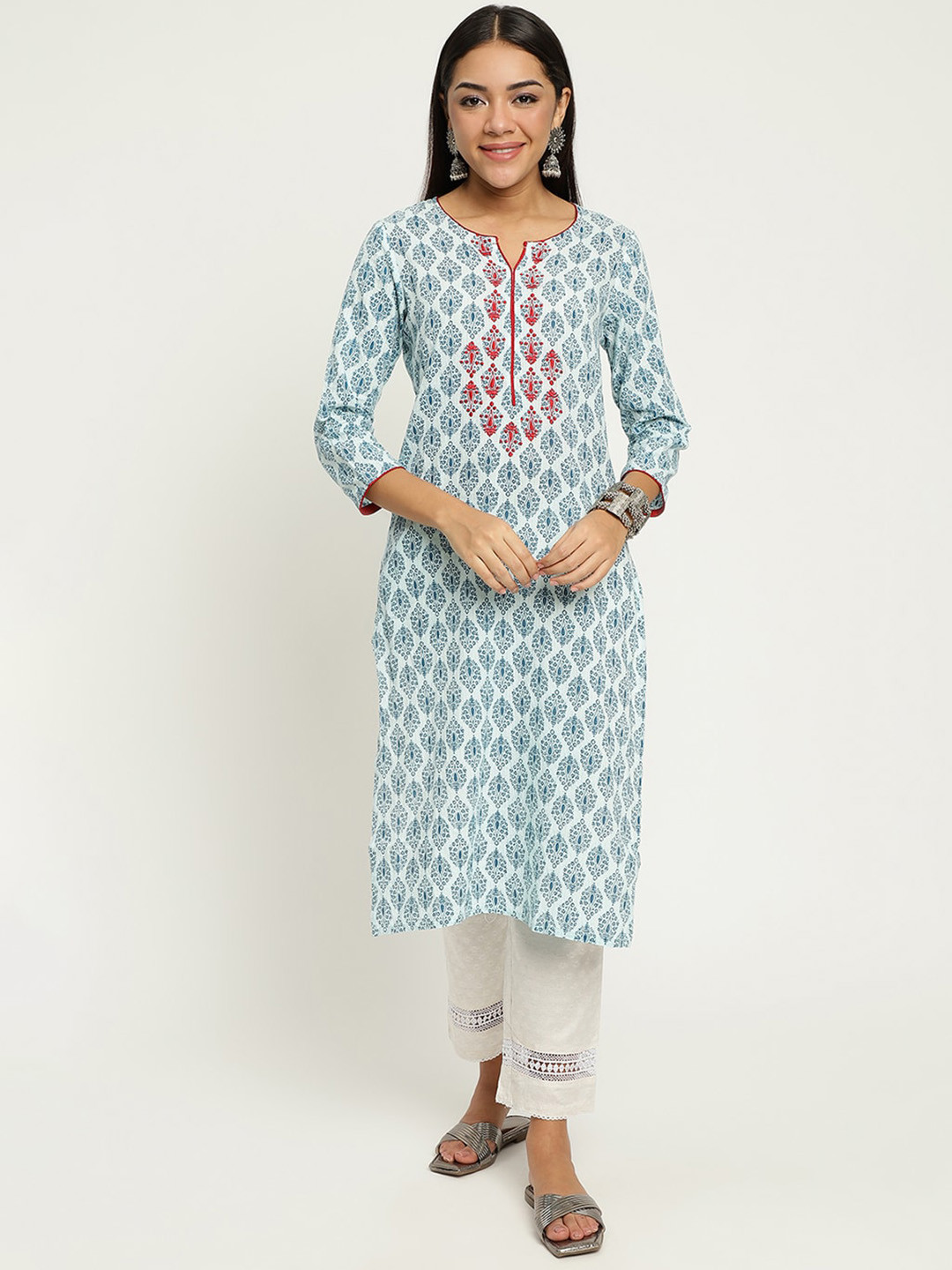 Be Indi Women Round Neck Geometric A-Line Side Slits Regular Kurta