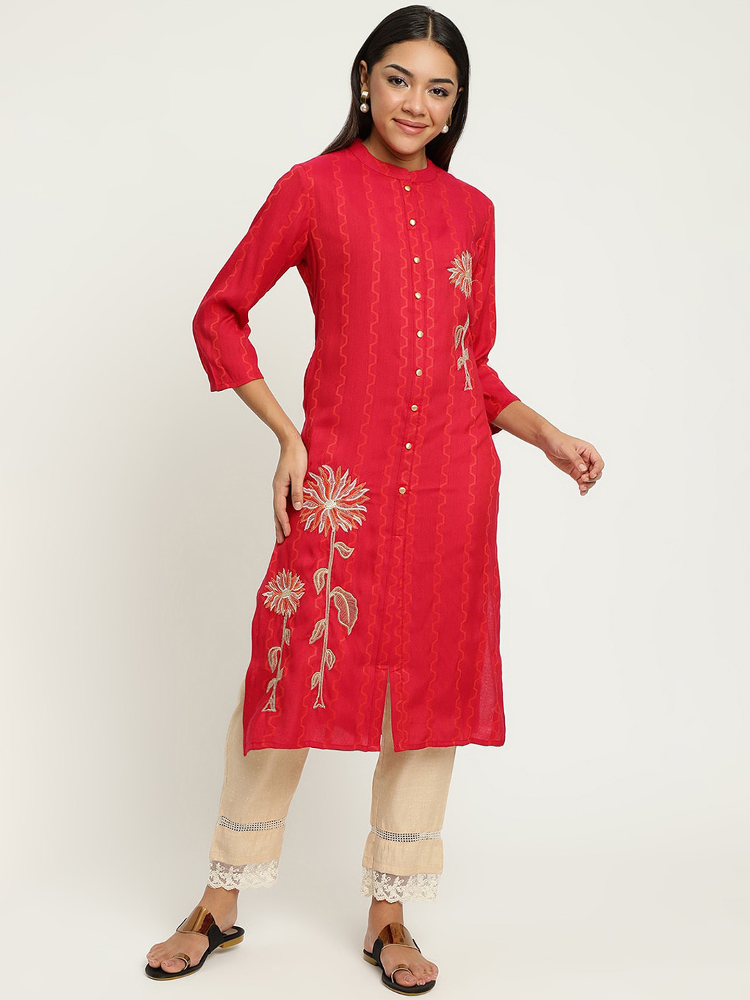 Be Indi Women Mandarin Collar Floral Straight Multiple Slits Regular Kurta
