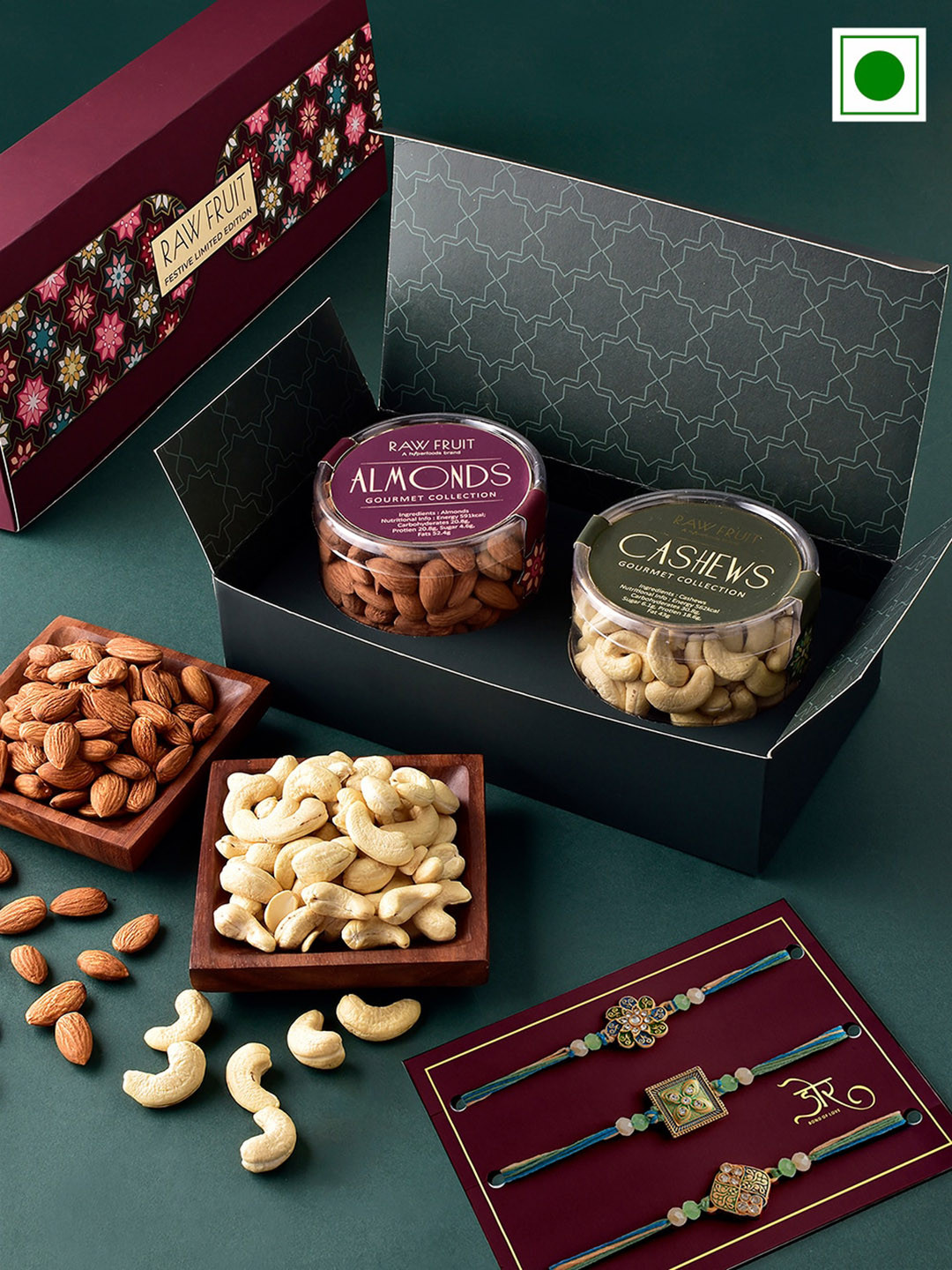 RawFruit Rakhi Gift Pack Set of 3 Stones Studded & Beaded Rakhi With Cashew Almond Dry Fruits