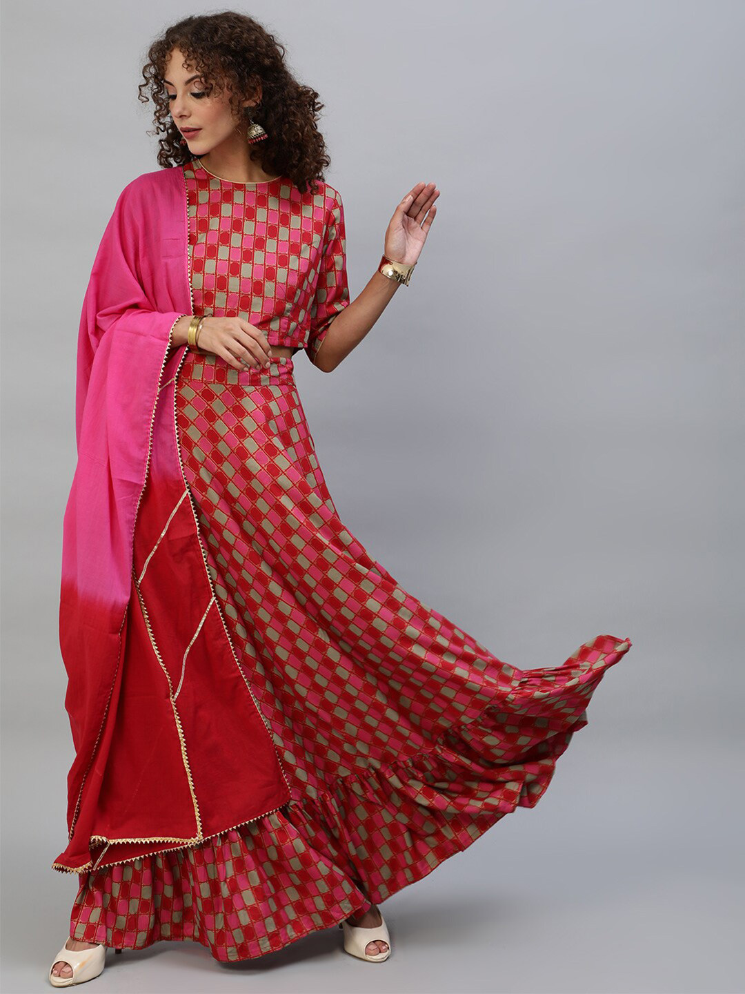 AKS Geometric Printed Ready to Wear Lehenga With Choli & Dupatta