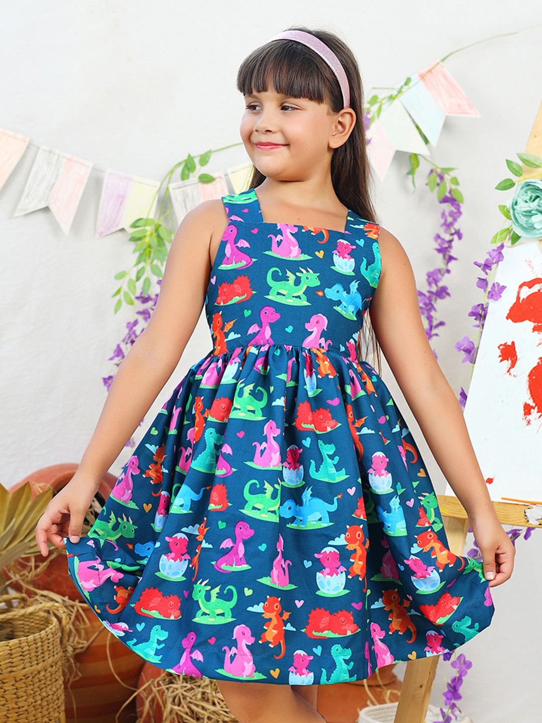Jilmil Girls Conversational Printed Pleated Cotton Pinafore Dress