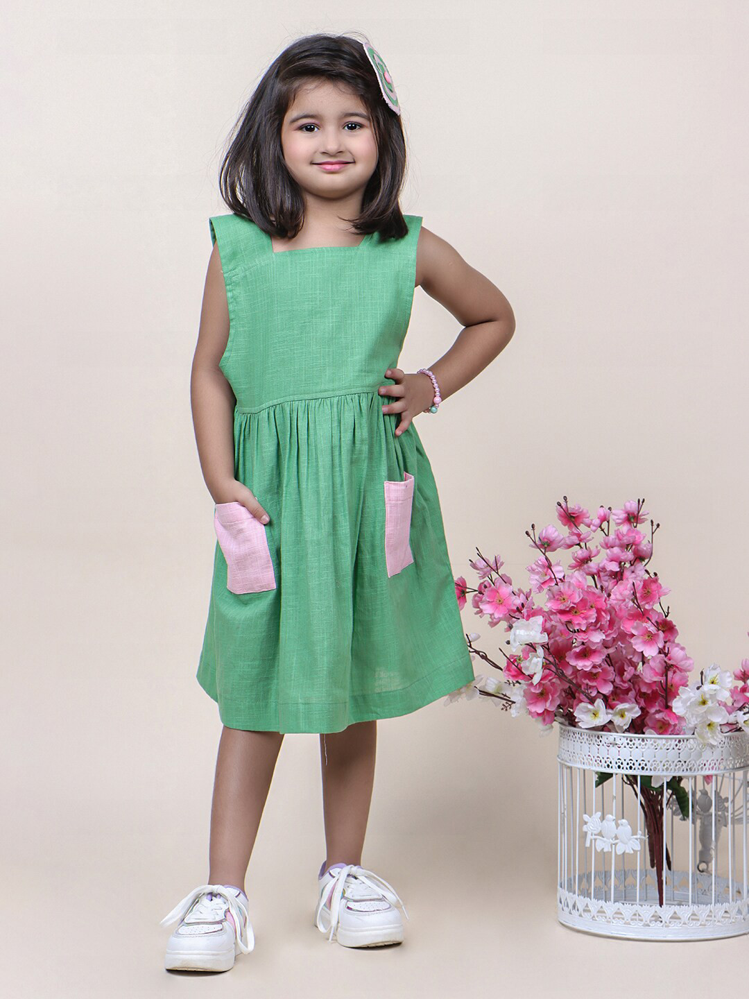Jilmil Girls Pocket Detail Gathered Cotton A-Line Dress