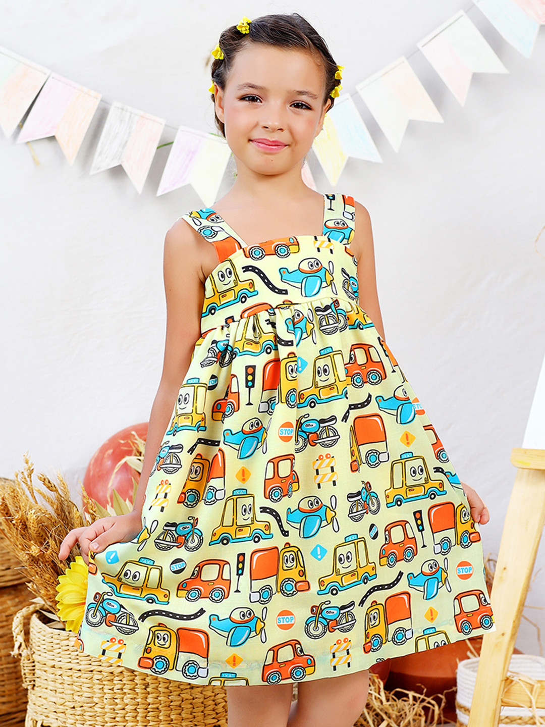 Jilmil Girls Drive Printed Pleated Cotton A-Line Dress