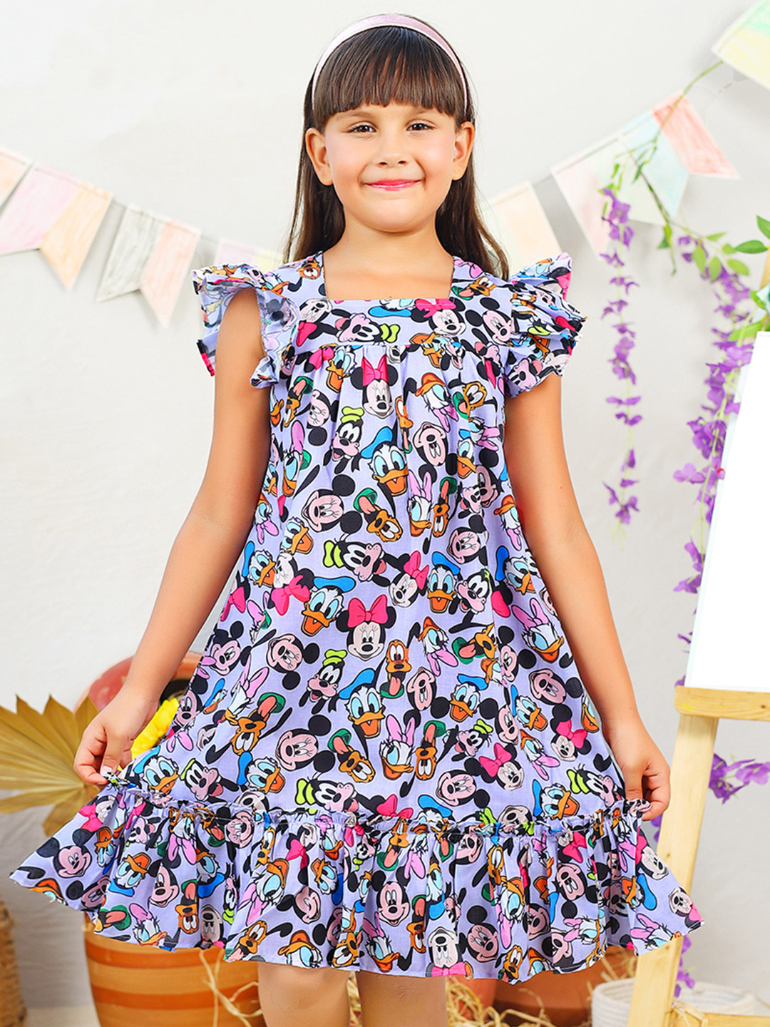 Jilmil Girls Mickey & Friends Printed Square Neck Flutter Sleeve A-Line Dress