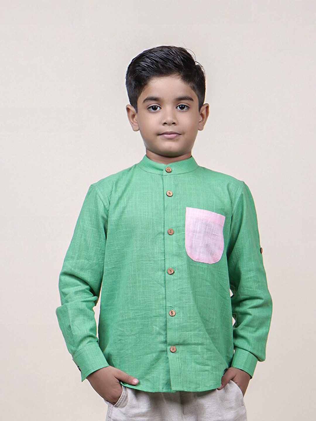 Jilmil Boys Band Collar Long Sleeve Cotton Casual Shirt