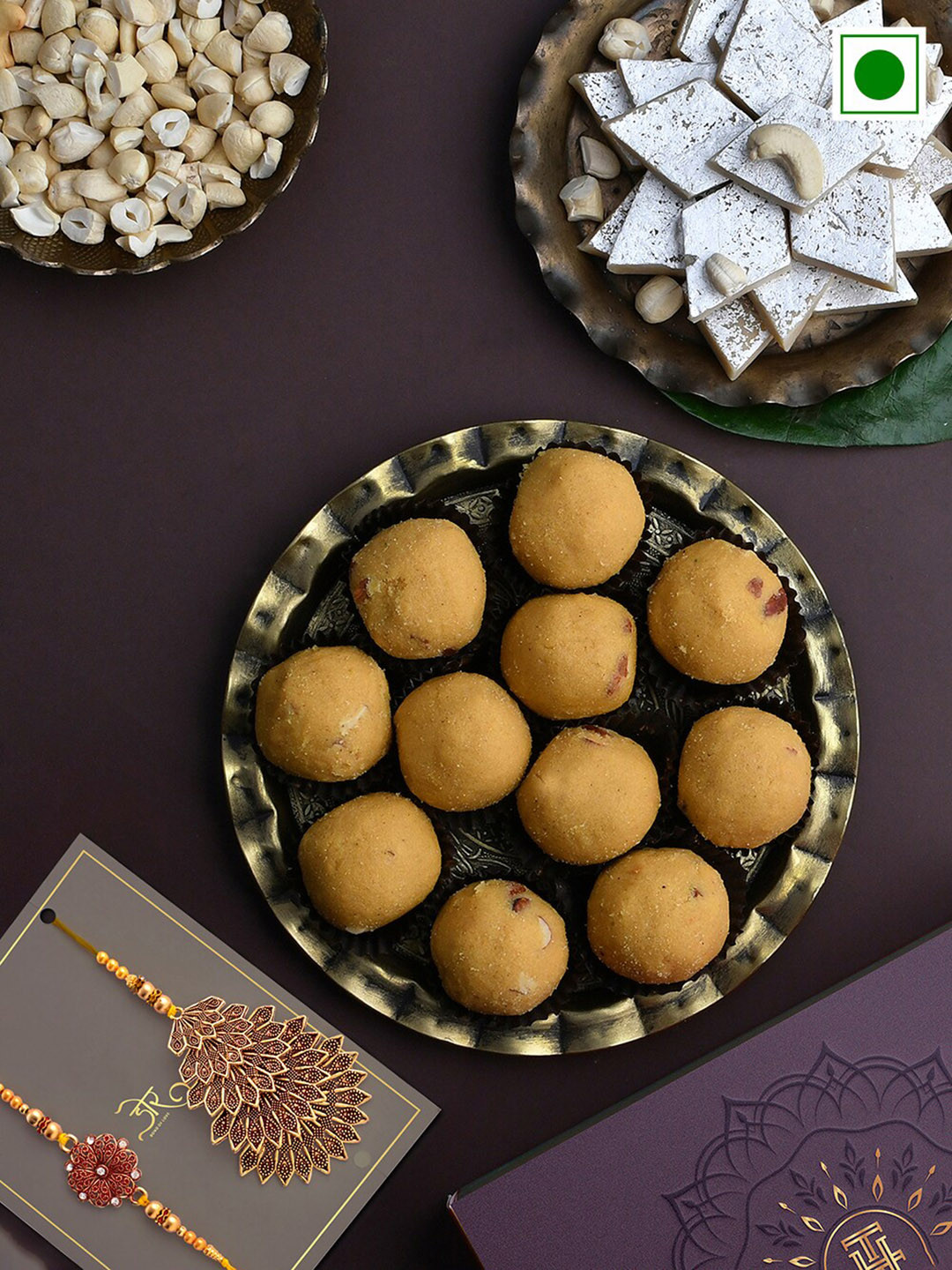 RawFruit Set of 2 Bhai Bhabhi Rakhis With Roli Chawal & Sweets-200 gms Each