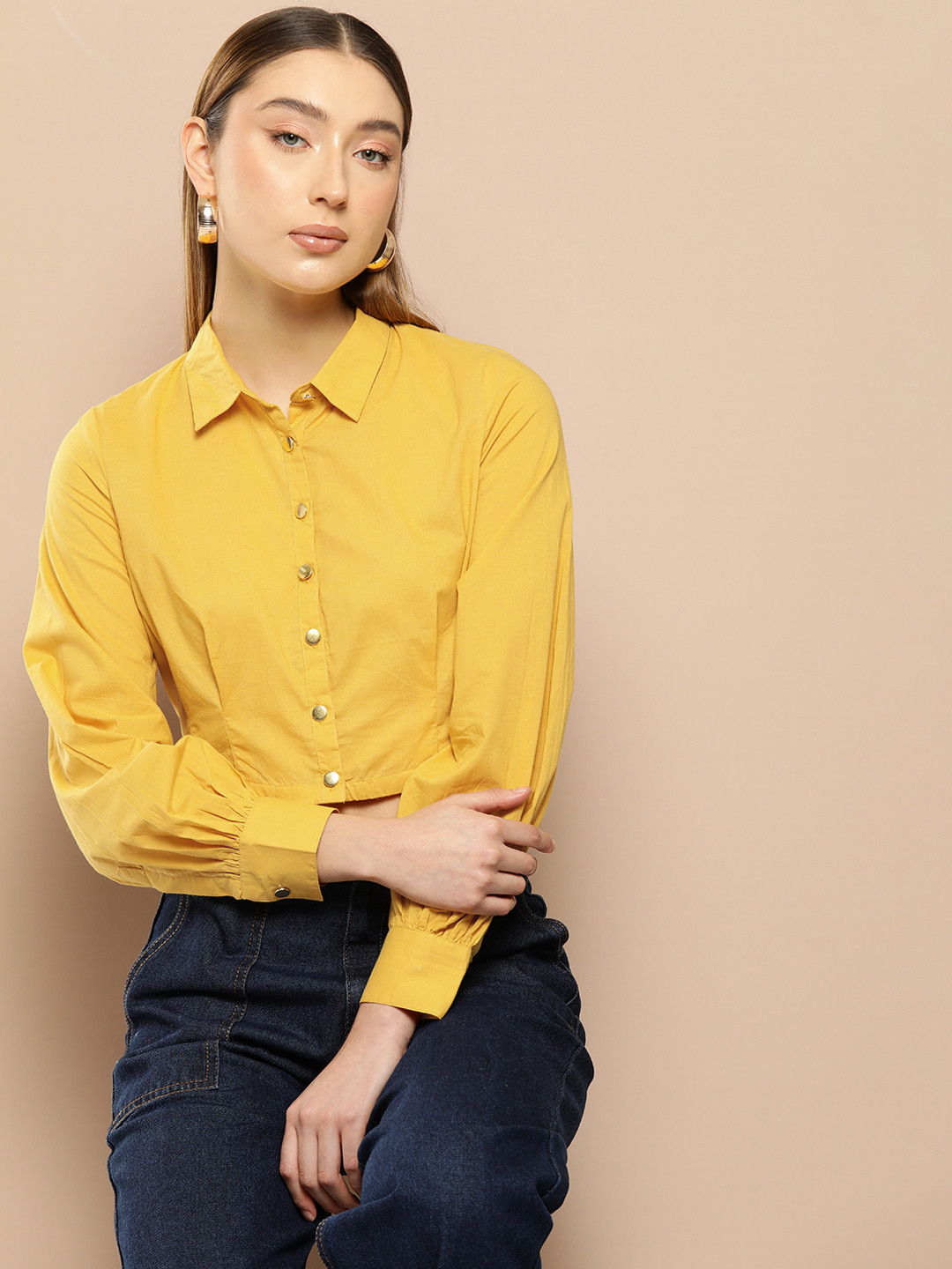 Chemistry Smocked Pure Cotton Shirt Style Crop Top