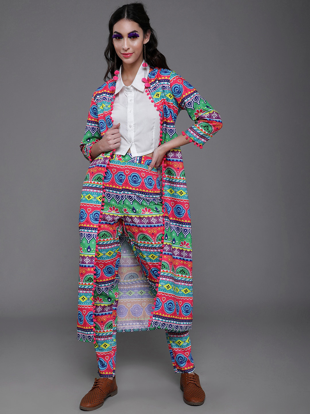 AKS Tribal Printed Mandarin Collar Longline Cotton Tailored Jacket