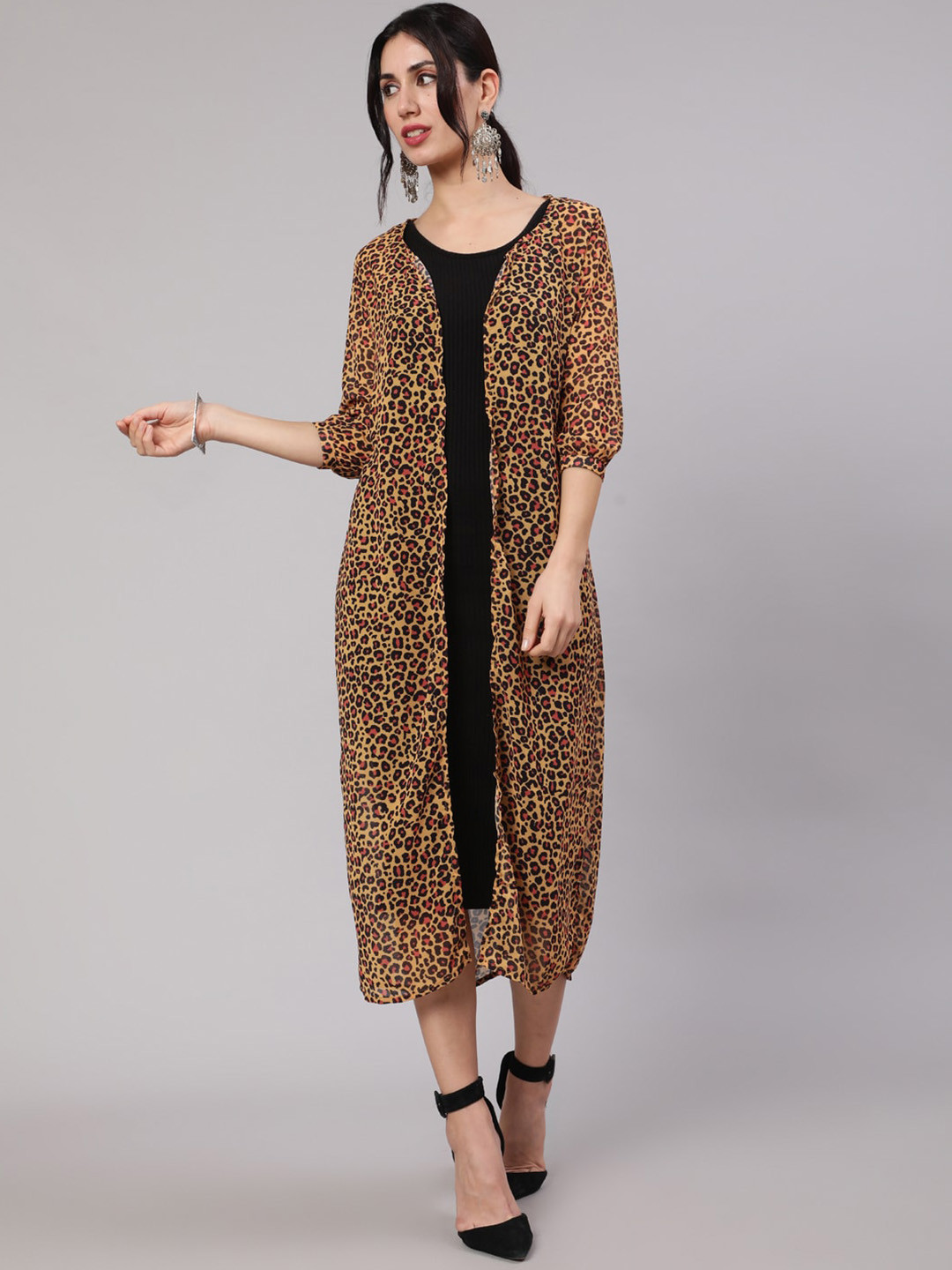 AKS Animal Printed Collarless Longline Georgette Tailored Jacket