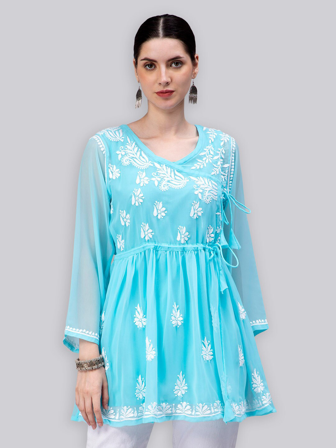 Seva Chikan Ethnic Motifs Embroidered Chikankari Angrakha Kurti With Slip