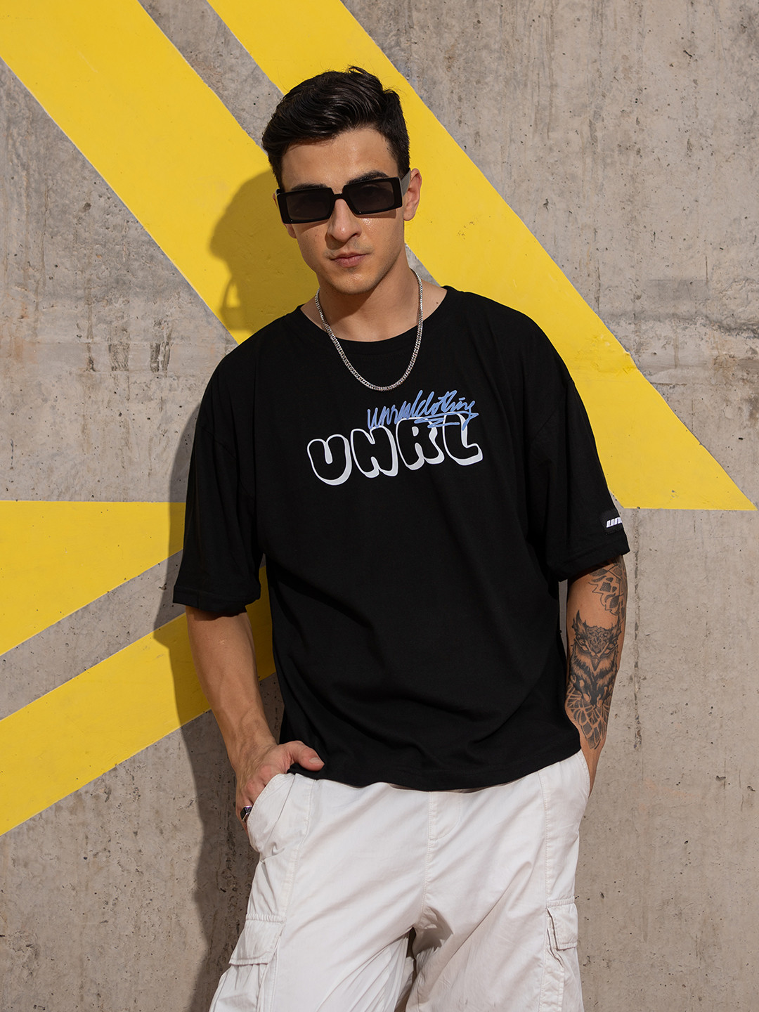 UNRL Brand Logo Printed Cotton T-shirt with Drop-Shoulder Sleeves