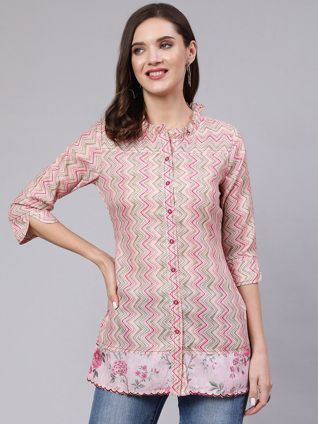 Jaipur Kurti Geometric Printed Mandarin Collar Shirt Style Top