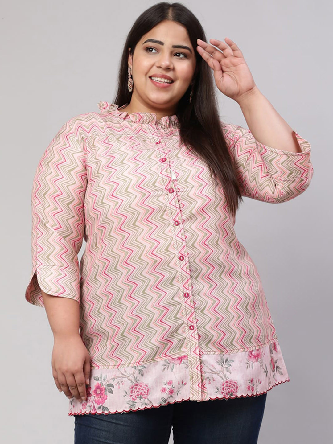 Jaipur Kurti Plus Size Geometric Printed Mandarin Collar Shirt Style Top