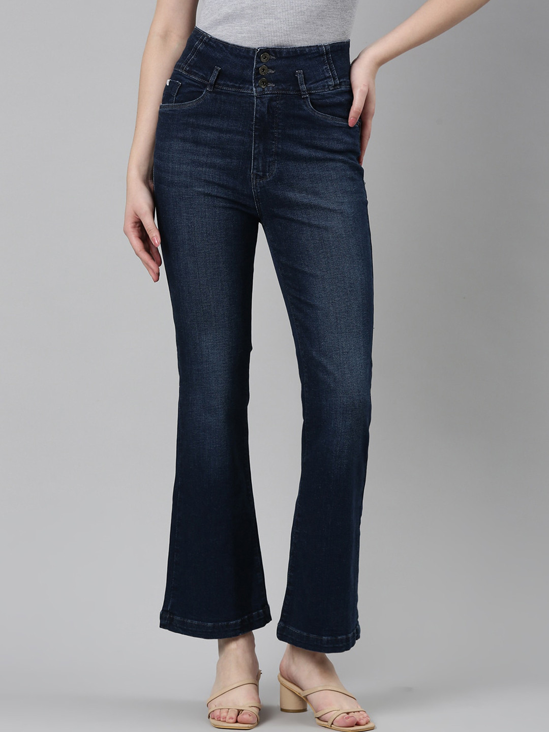 SHOWOFF Women Navy Blue Jean Flared Light Fade Stretchable Clean Look Cotton Jeans