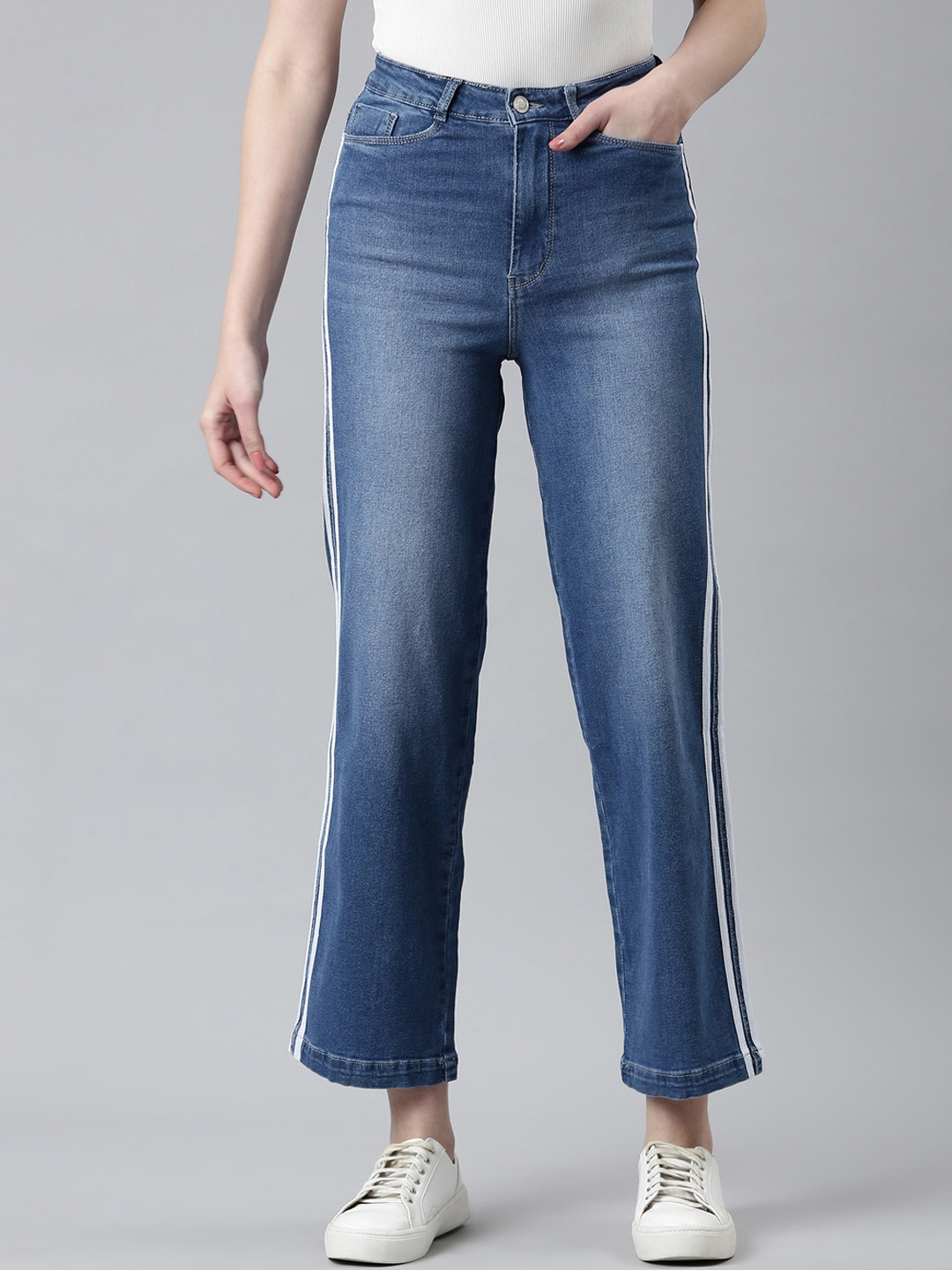 SHOWOFF Women Jean Wide Leg High-Rise Light Fade Side Stripes Stretchable Jeans