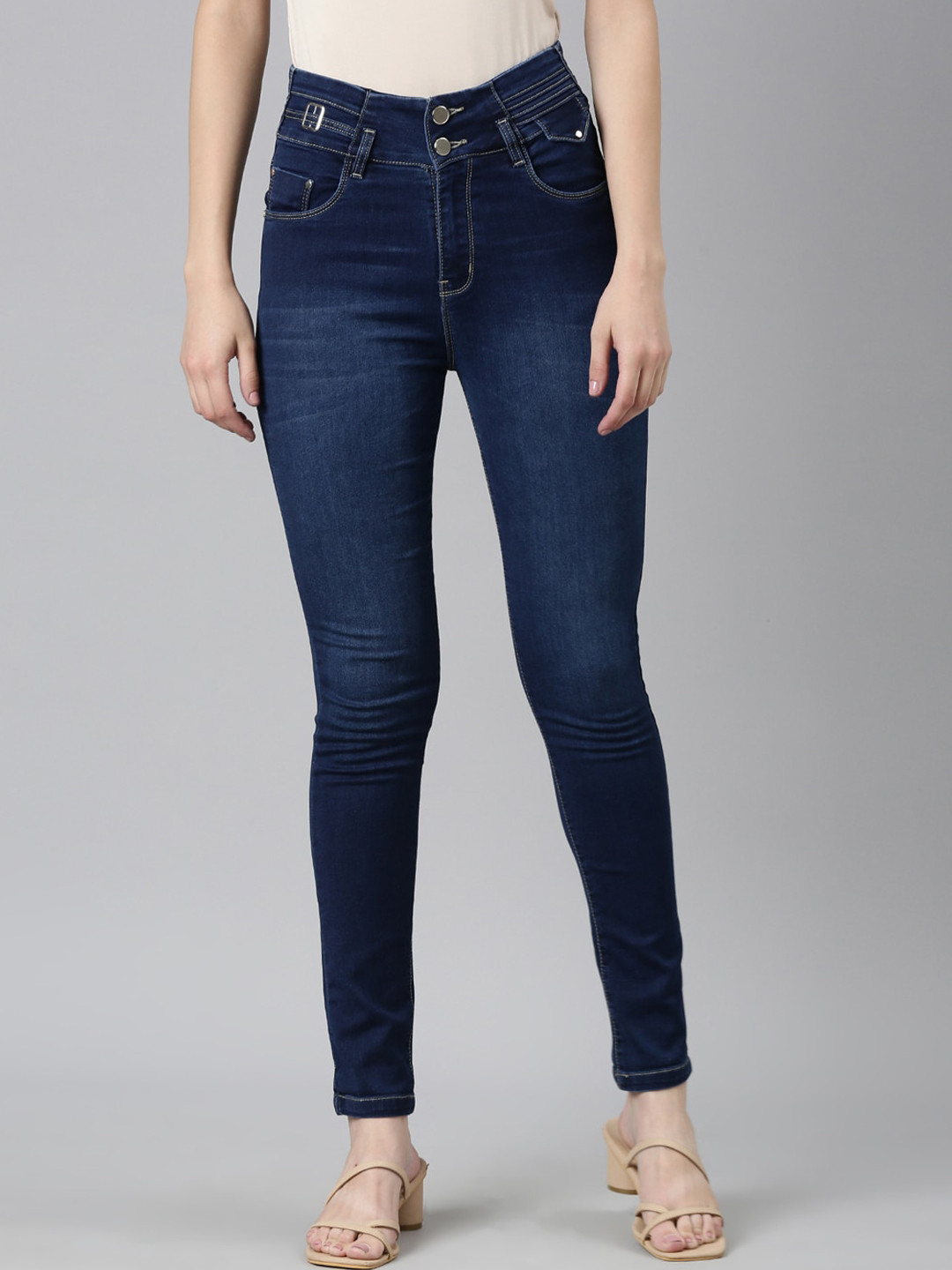 SHOWOFF Women Navy Jean Skinny Fit High Rise Clean Look Light Fade Stretchable Jeans