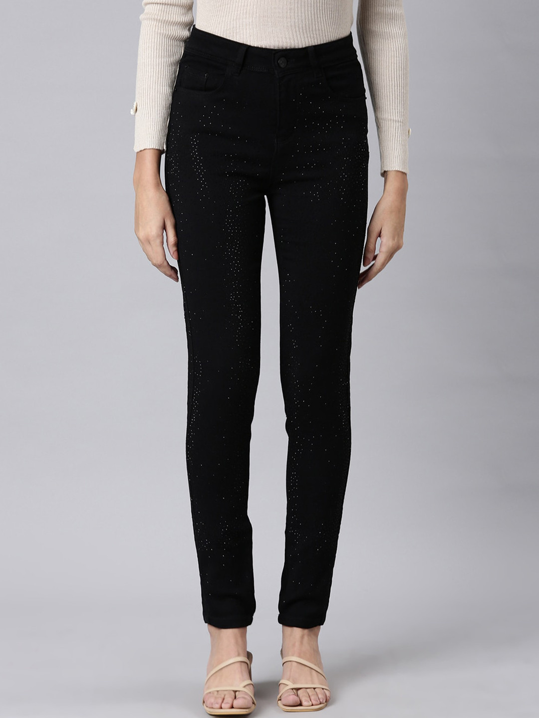 SHOWOFF Women Jean Slim Fit High-Rise Embellished Stretchable Cropped Jeans
