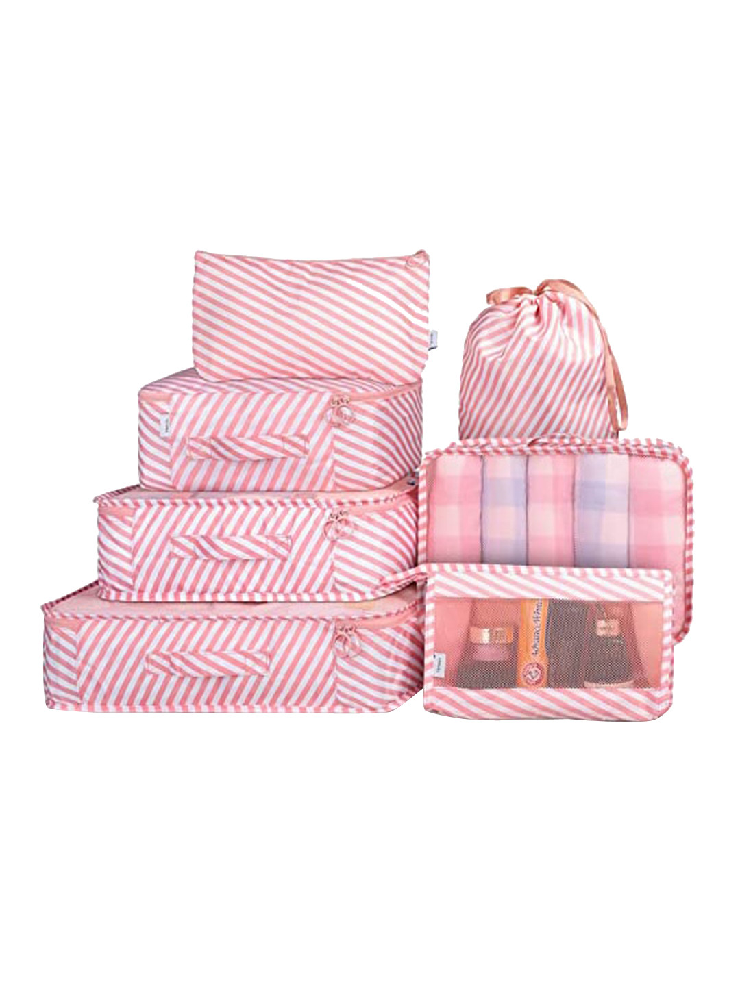 HOUSE OF QUIRK Pink 7-Pieces Striped Lightweight Travel Luggage Organisers