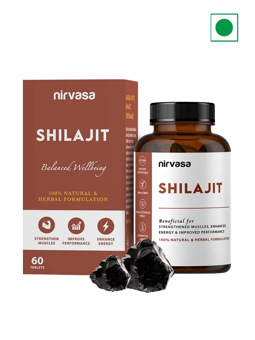 Nirvasa Shilajit Tablets with Himalayan Shilajit- Improves Strength & Stamina - 60 Tablets