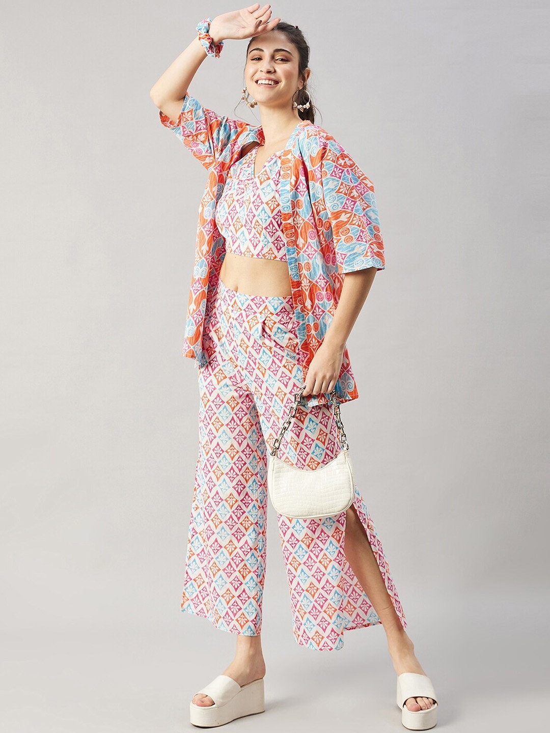 WineRed Ethnic Motifs Printed Pure Cotton Top & Trousers With Shrug & Scrunchie - Co Ords for Women 24383194 | Myntra