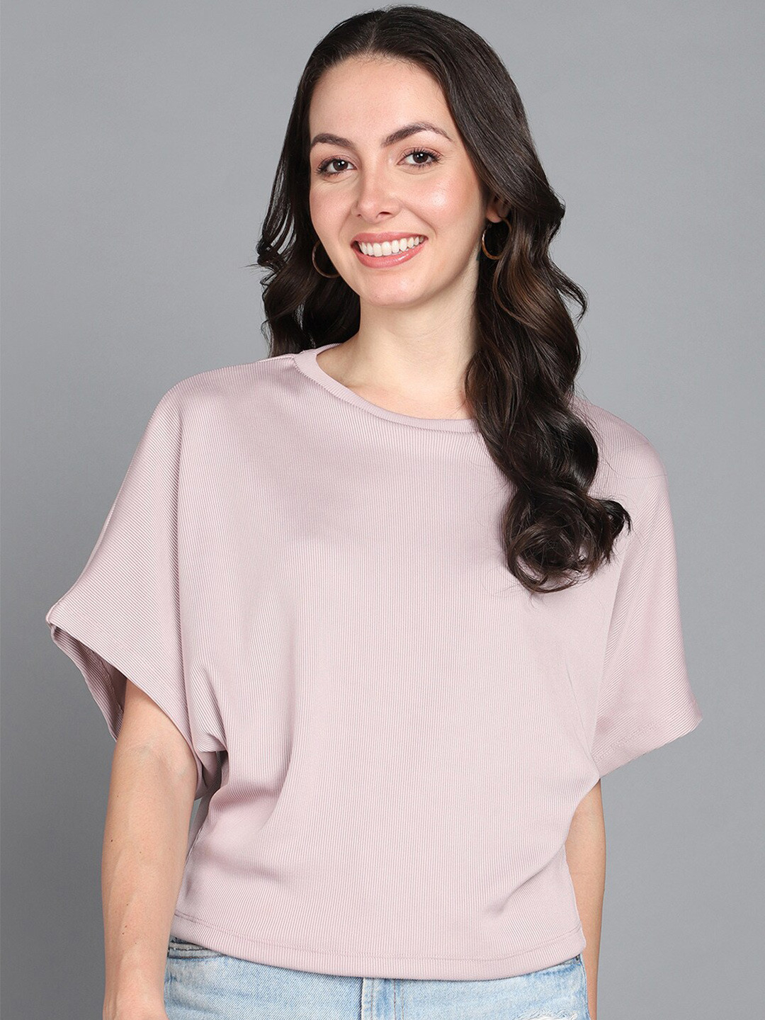 Mast & Harbour Beige Striped Extended Sleeves Boxy Top