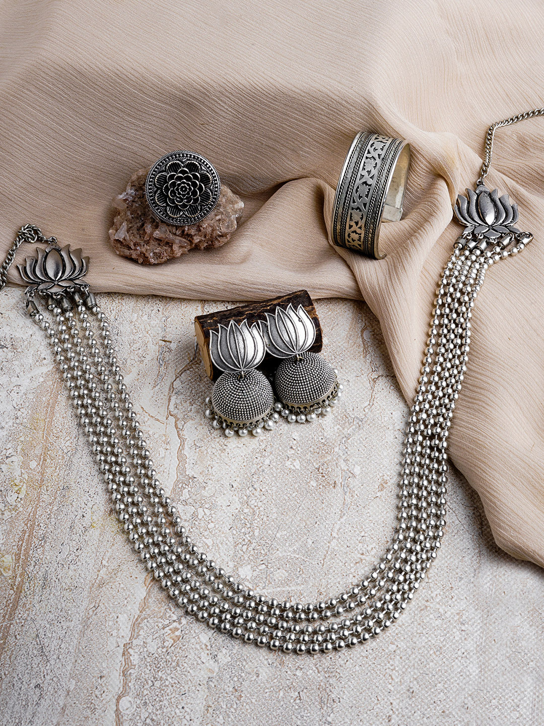 Silver-Plated Oxidised Necklace Set With Bracelet & Ring