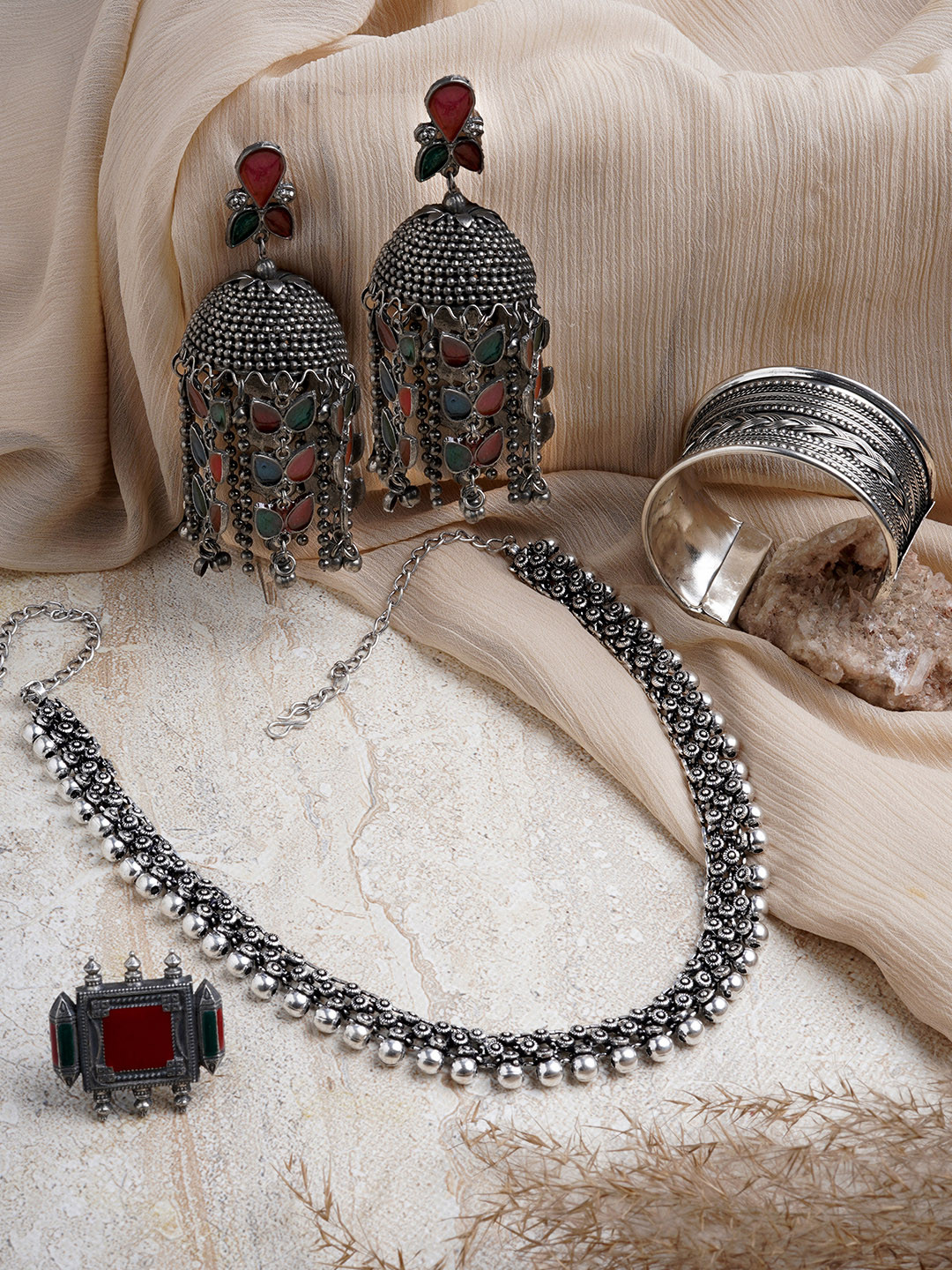 TEEJH Silver-Plated Oxidised Jewellery Set