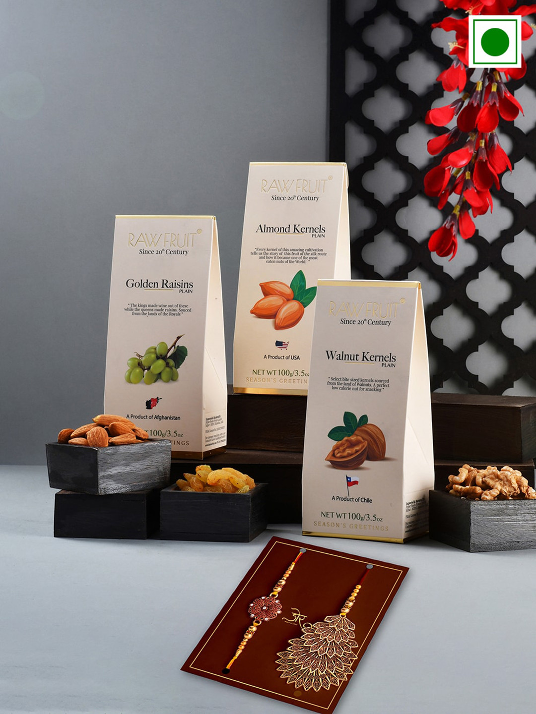 RawFruit Rakhi Bliss Set of 3 Dryfruits With Set of Bhaiya Bhabhi Rakhi - 300 Grams