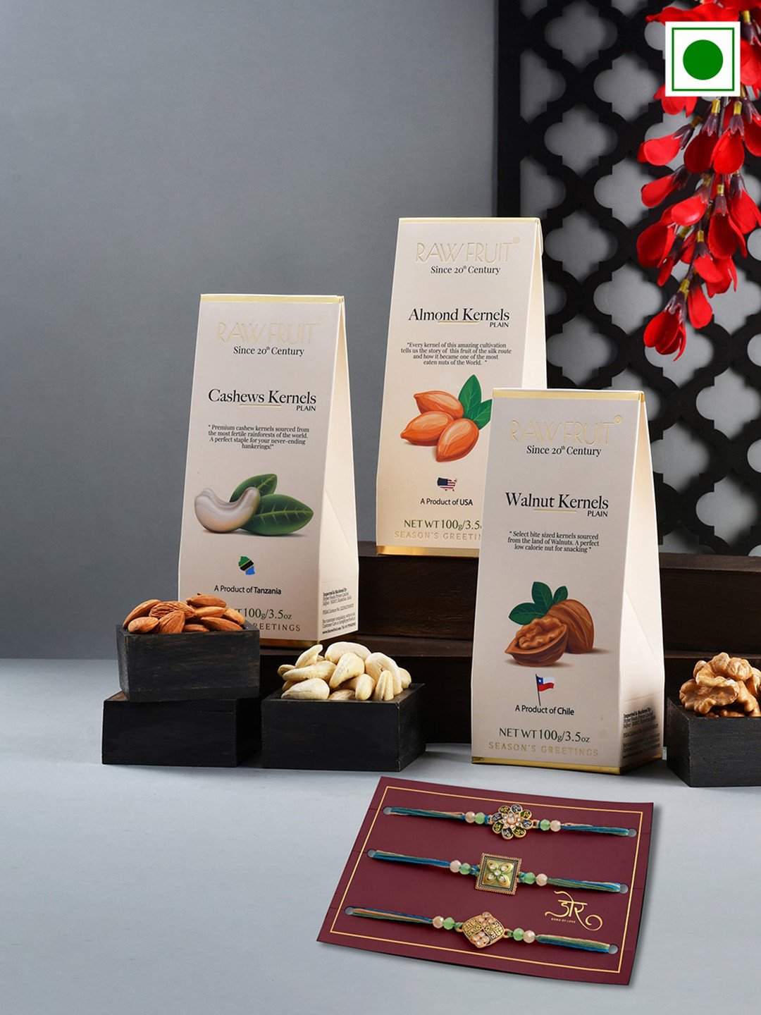 RawFruit Set Of 3 Rakhi with Dry Fruits Gift Set 100 gms Each