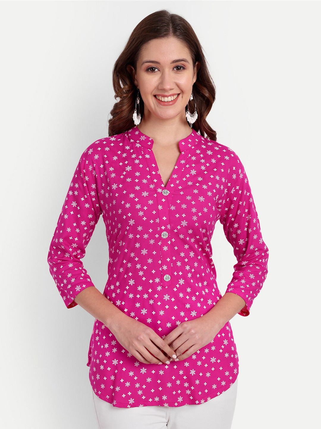 HANUMNTRA Pink Floral Print V-Neck Longline Top