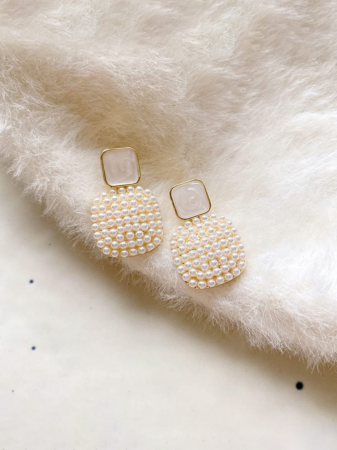 VIEN Stainless Steel Gold-Plated Square Artficial Beads Studded Drop Earring
