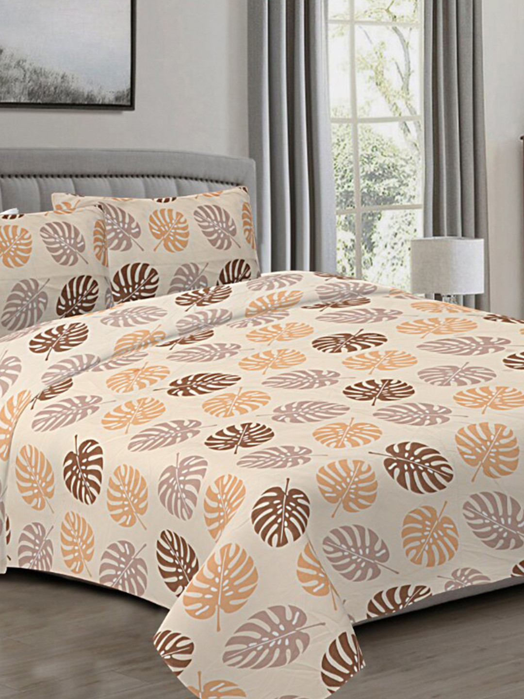 INDHOME LIFE Brown Floral Pure Cotton Fitted 210 TC Queen Bedsheet & 2 Pillow Covers