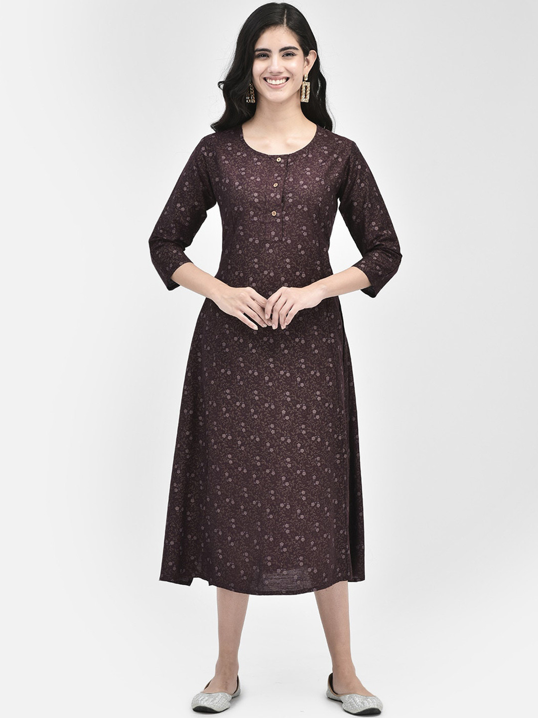 Span Floral Printed Cotton Silk A-Line Midi Dress