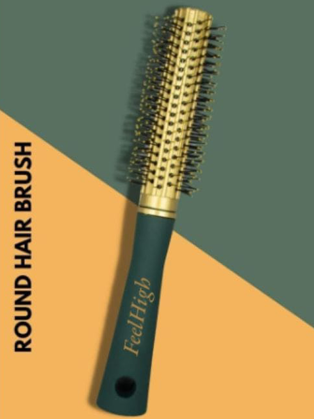 FEELHIGH Professional Round Ooden Hair Brush - Green & Gold