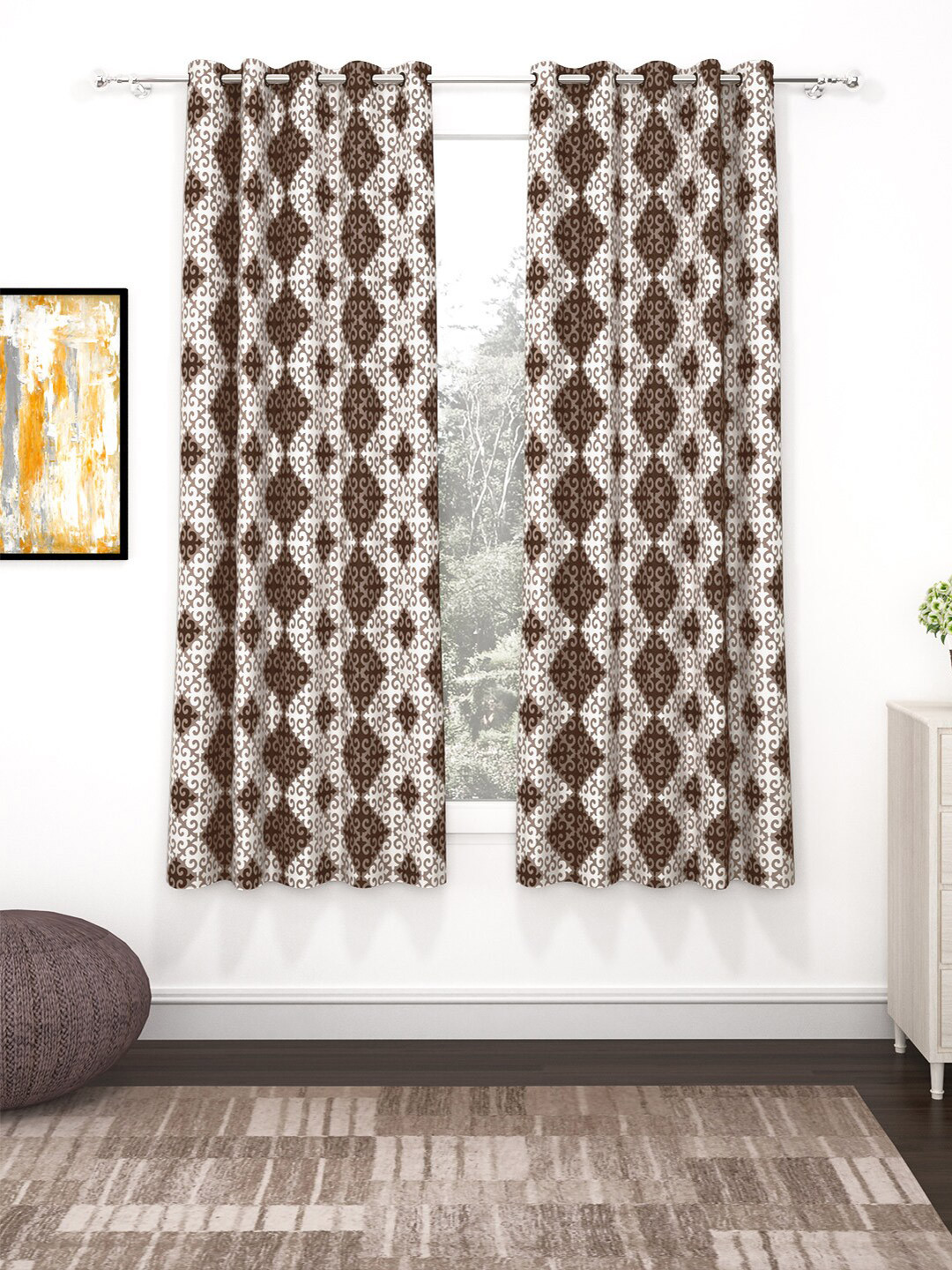 Bedspun Raga Brown & White 2 Pieces Ethnic Motifs Window Curtains