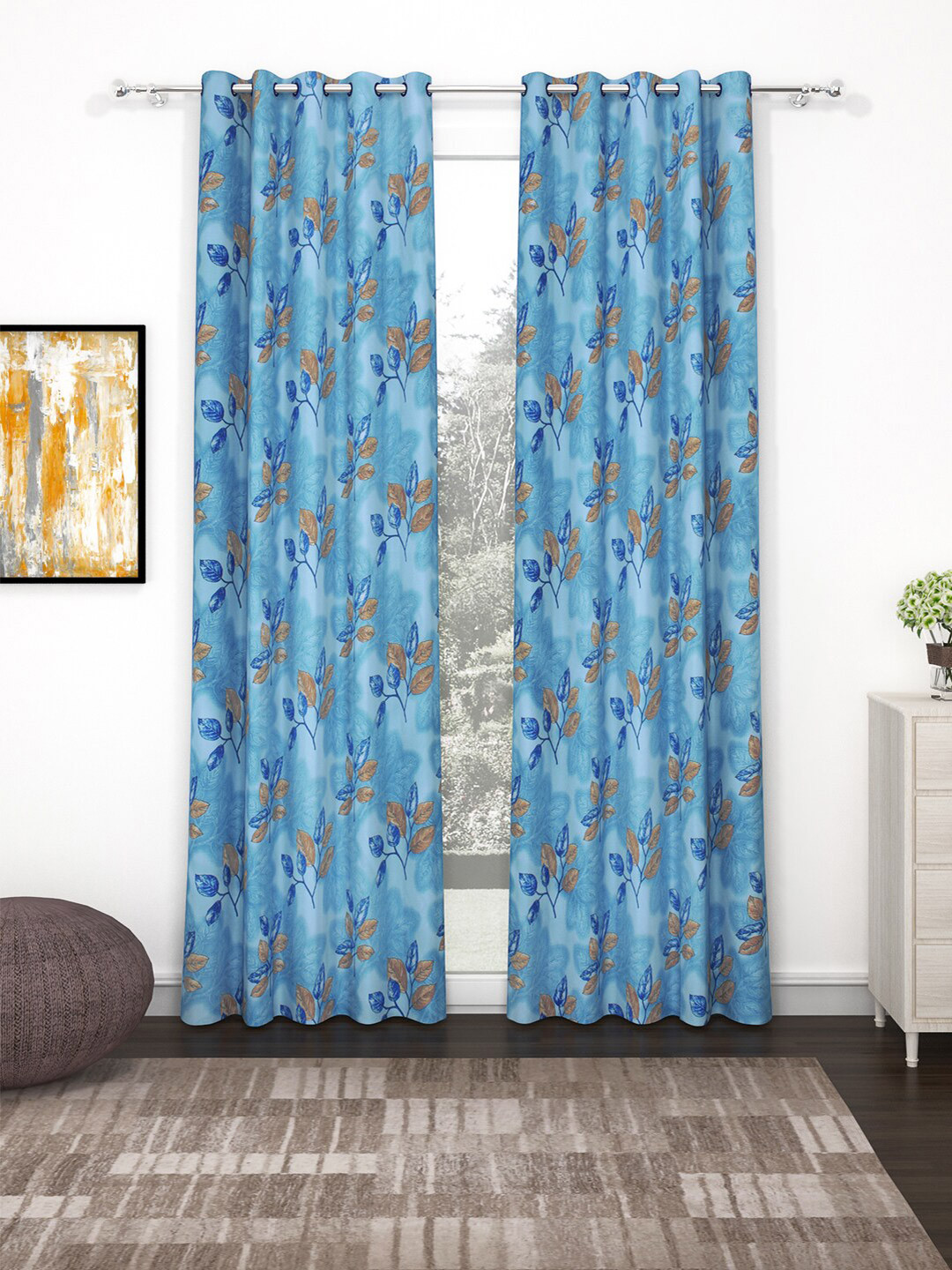 Bedspun Raga Blue & Brown 2 Pieces Floral Black Out Door Curtains