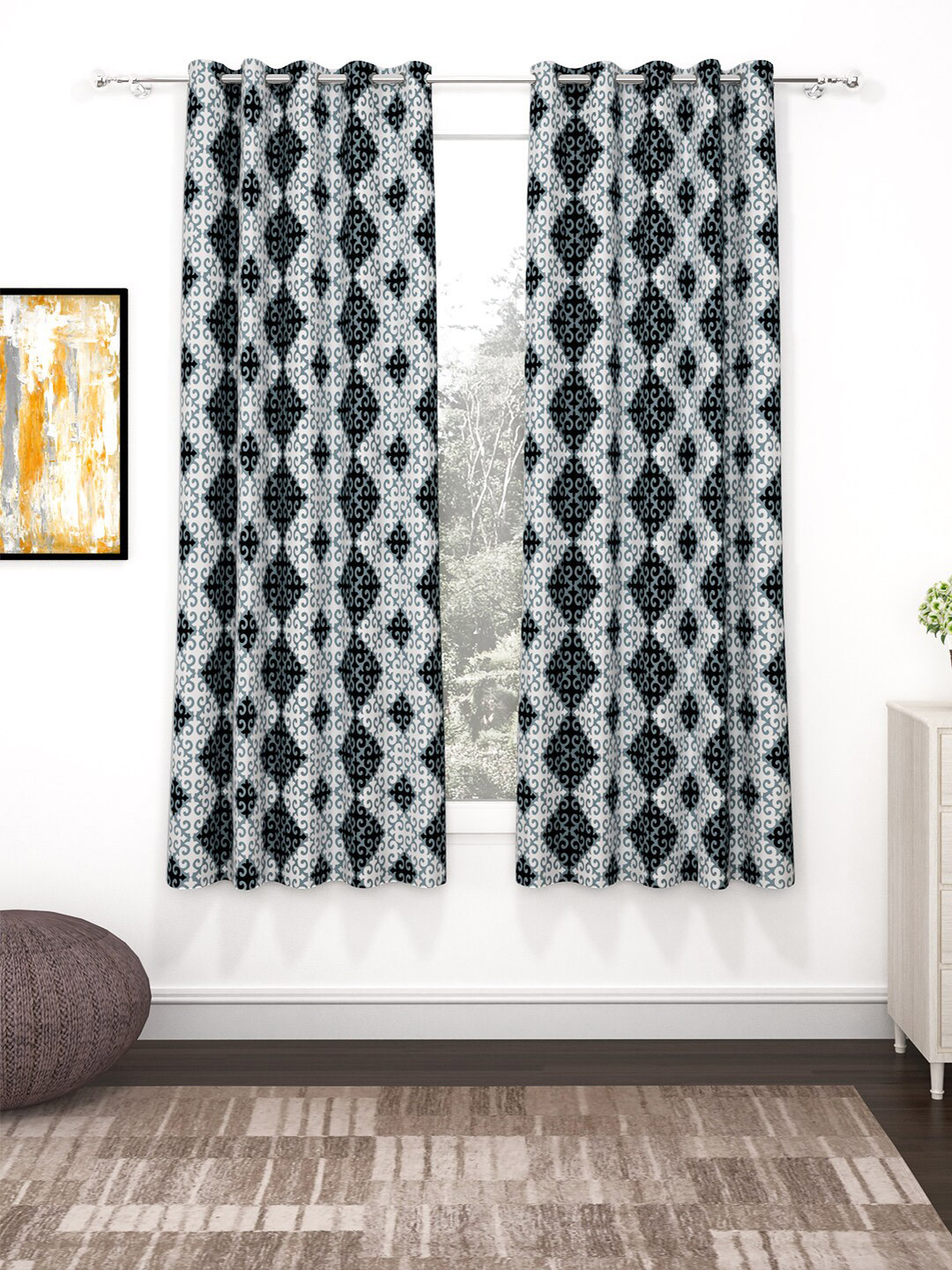 Bedspun Raga Grey & White 2 Pieces Window Curtains