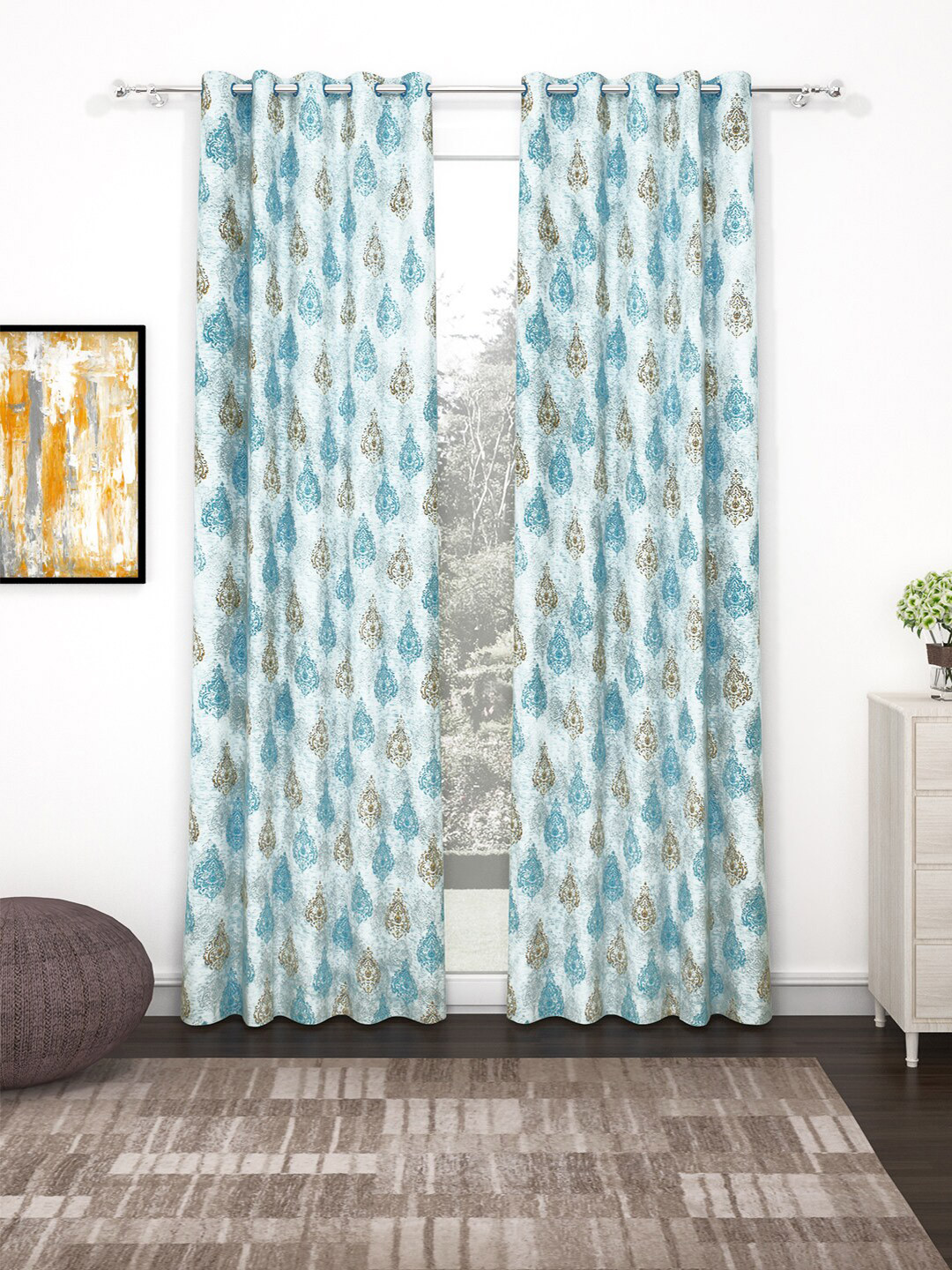 Bedspun Raga Mustard & Blue 2 Pieces Ethnic Motifs Door Curtains