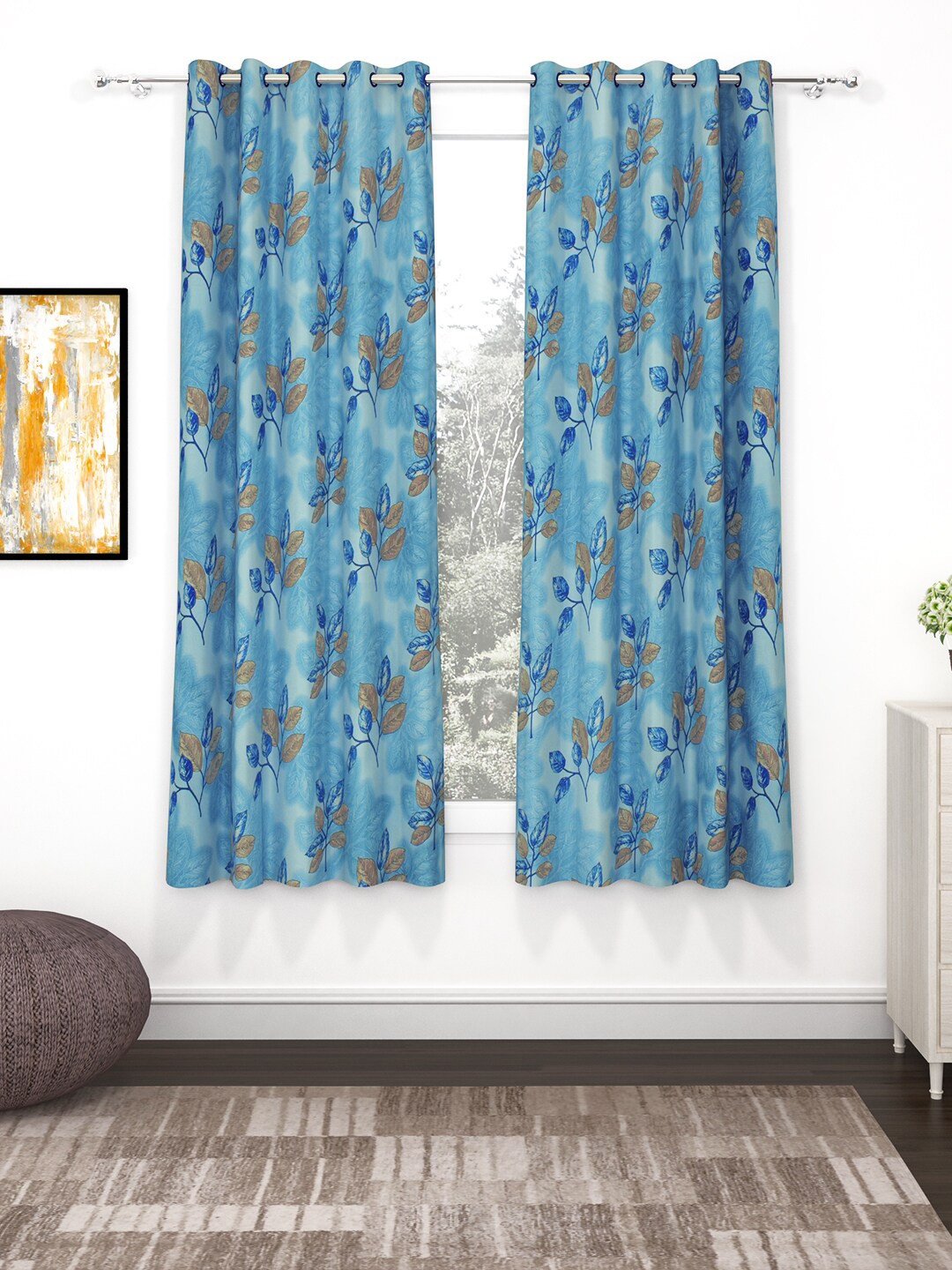 Bedspun Raga 2 Pieces Blue & Brown Floral Printed Window Curtains